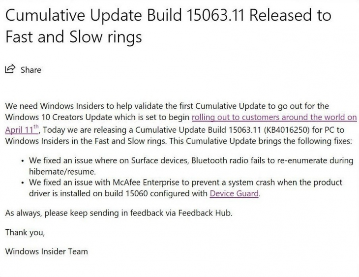      KB4016250  Windows 10 1703 